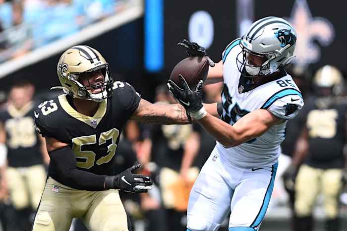 Sep 19, 2021; Carolina Panthers tight end Dan Arnold (85) catches a pass past New Orleans Saints linebacker Zack Baun (53). Mandatory Credit: Bob Donnan-USA TODAY Sports
